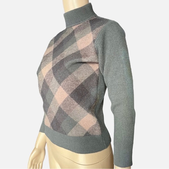 Vintage Bofan 100% Wool Argyle Mock Neck Sweater | 80s 90s | Green Gray - Picture 3 of 7